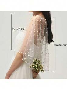 1 Piece Of Bridal Shawl, Pearl Chiffon White Shawl, Rhinestone Bow Bridal Shawl, Beaded Lace Edge Bridal Shawl, Suitable For Wedding Dress Matching, Civil Ceremony Photography Props - Multicolor - View 5