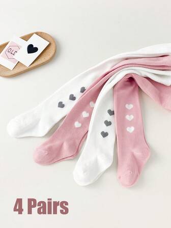 4 par rosa och vita, kärleksmönster enkla strumpbyxor - tjocka klassiska enfärgade babyleggings strumpor barn flickstrumpbyxor för alla årstider, skola och lager-på-lager