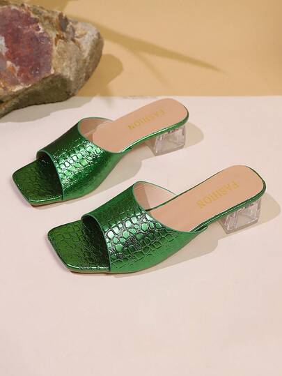 1 Pair Green Plus Size Soft PU Strap Slip-On Mules, Square Toe Crystal Clear Chunky Heel, Minimalist Design, Fashionable & Elegant, Lightweight Roman Beach Sandals, Suitable For Teens & Young Adults, Daily, Gatherings, Outings, Travel, Spring/Summer 2026