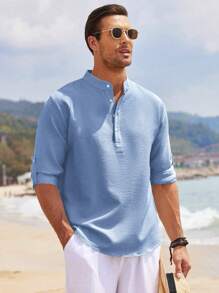 Camicia henley a maniche lunghe da uomo, con collo bottondato, a disegno a righe e quadri, casual e confortevole, in tessuto morbido, per uso quotidiano, estivo, da spiaggia e vacanza, con maniche arrotolabili, abbigliamento maschile di moda, adatto all'uso all'aperto, vestibilità classica, versatile, leggera, maglietta da uomo per uso quotidiano
