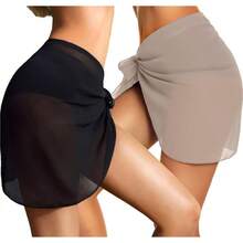CHICGAL 2 Pieces Women Beach Sarong Bathing Suit Wrap Skirt Sheer Bikini Swimsuit Cover Ups Swimwear - 黑色和淺卡其色 - 查看 5