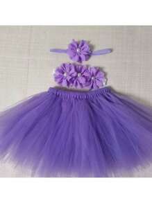 Conjunto de Saia Tutu e Faixa de Cabeça para Bebês Recém-Nascidos, Faixa de Chiffon com Flor, Faixa de Renda para Bebê e Criança Pequena, Acessório de Fotografia