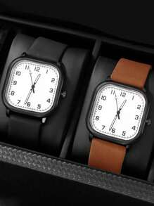 1 pieza Reloj de pulsera de cuarzo clásico y de moda para hombre con correa y esfera cuadrada, diseño minimalista casual, sin caja