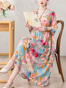 Abito midi da donna in stile boho con stampa floreale, maniche corte, scollo tondo, orlo arricciato, in tessuto lavorato, adatto per l'estate