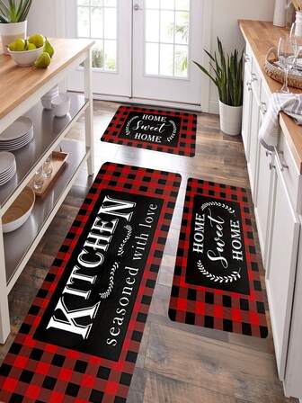 1/2pcs Red And Black Checkered Carpet, Sweet Home Christmas Soft Kitchen Mat, Non Slip Floor Mat, Entrance Door Mat, Kitchen Living Room Laundry Bathroom Floor Mat, Room Decoration