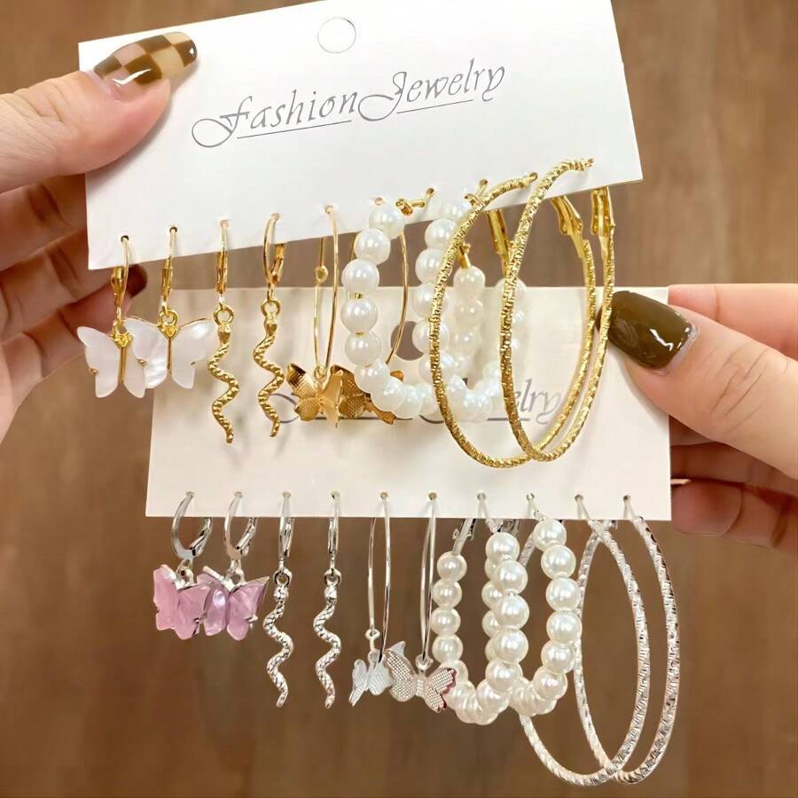10prs Fashionable And Elegant Butterfly Pearl Earrings Set For Women