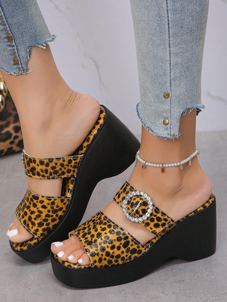 Plus Size Women's Wedge Thick Bottom Sandals, New Arrival Summer Fashion European And American Style Leopard Print, Rhinestone Round Buckle Platform High-Heel Sandals For Casual, Vacation, Party, Dating, Comfortable And Versatile, Waterproof