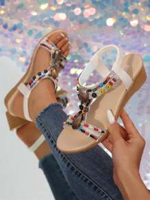 Vintage Bohemian Beaded Elastic Band Wedge Platform Roman Sandals, Beach Shoes For Women (Run Small)