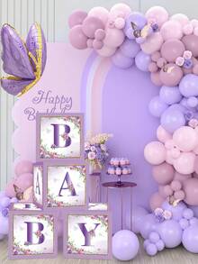 4pcs 27cm Babe Surprise Decoration Box, Including Green Leaves & Pink Flowers & Wooden Flower Box & Purple Butterfly Pattern, With B A B Y Letter Decoration, Baby Shower Decor Balloon Box, Gender Revealing Party Decoration Gift Box Photography Props Background Decoration Box, Birthday Decor Wedding Decor Home Decor Room Decor Background Decor Party Accessories, Birthday Gift Party Favor,Party Decor Photo Props - Baby Box - View 6