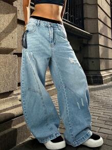 Jeans a vita alta ripped dalla gamba a barile stile Y2K - Jeans a vita alta e gamba ampia con taglio a lama di rasoio, pantaloni a falce