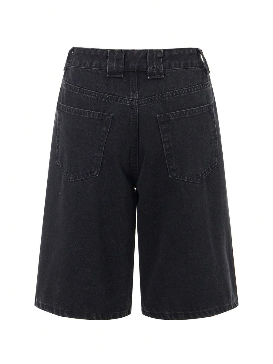 Women's Knee Length Denim Shorts Loose Solid Color Low Rise Wide Leg Shorts With Pockets - Grey - View 1