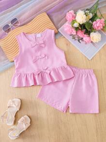 Girls Sleeveless Striped Ruffled Bow Tank Top + Striped Shorts 2Pcs Set, Summer