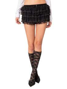 Women Ruffle Lace Shorts Bloomers Summer Casual Layered Tiered Pleated Slim Fit Floral Lace Trim Shorts - màu đen - Xem 2
