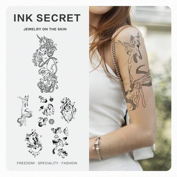 INK SECRET INK SECRET 6PCS Unicorns In Wonderland Series Waterproof And Durable Herbal Tattoo Stickers For Men And Women, Cute And Sweet Animals, Arms, Calves, Waist, Collarbone, Chest And Back