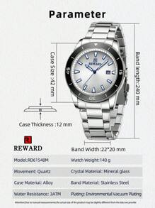 REWARD REWARD Men's Quartz Watch Business Fashion Style Timing Calendar Luminous Hands Multi-Functional Men Wristwatch High Quality Gift Classic Design Stainless Steel Watch Band