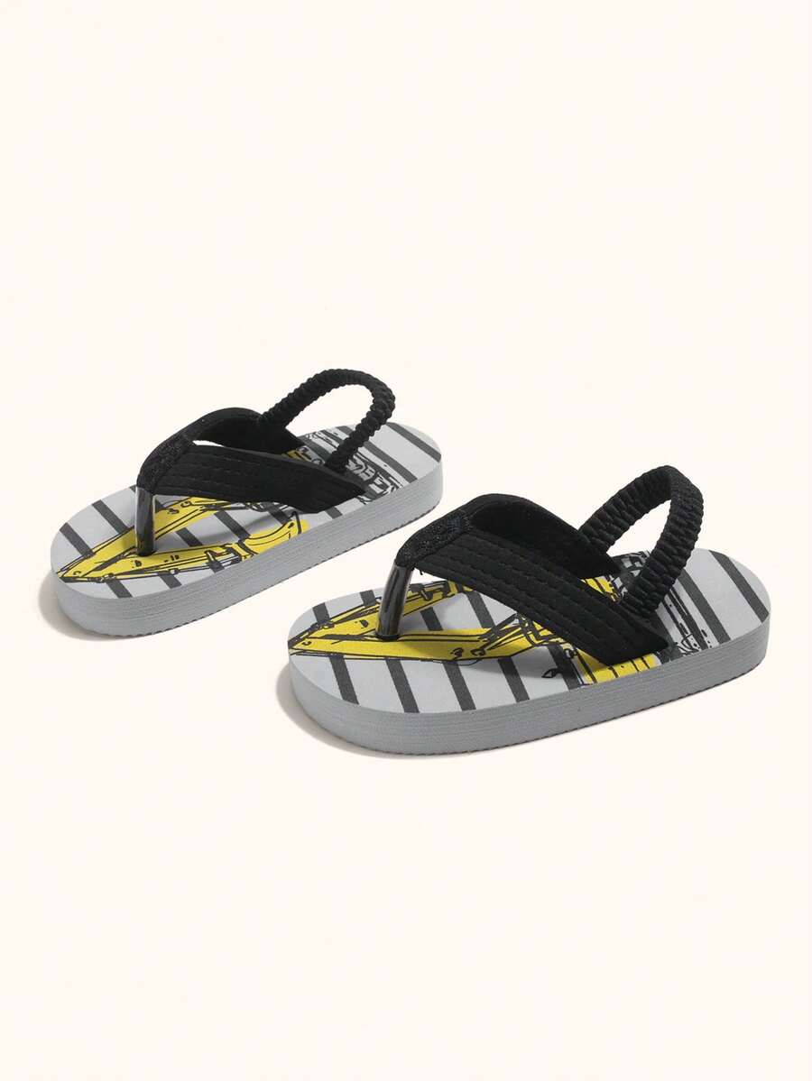 1 par de chanclas casuales planas con diseño de excavadora de dibujos animados grises para niños, con un estilo sencillo y elegante, cómodas para usar en verano (el diseño será aleatorio) - Gris - Ver 1
