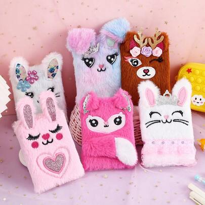 Kids New Cartoon Rabbit Plush Notebook, Portable Mini Pocket Notebook For Girls Students, Tie-Dye Position Varies With Color Difference (4.3" X 3.3")