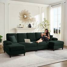 112" Upholstered U Shaped Sectional Couches, Corduroy Living Room Furniture,Large 4-Seater Sofa With Double Chaises And Sleepable Armrests,Throw Pillows For Couches Sofas Living Room - 綠色 - 查看 3