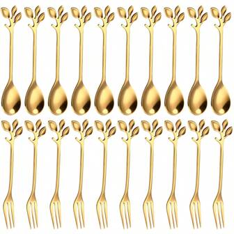 4/10/12/20pcs Sets Gold Creative Leaf Shaped Stainless Steel Dessert Spoons And Forks, Suitable For Home, Restaurant, Cafe,School Supplies