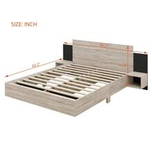 MERAX Queen Size Wooden Floating Platform Bed, With LED Lights, Bedside Nightstand, Natural - Queen Size-Natural - View 3