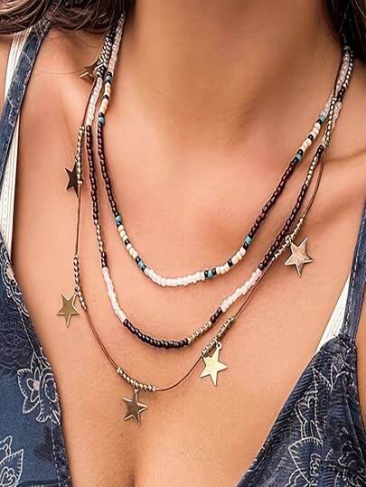 1 件波西米亚米珠项链三层手工编织链，适合送给朋友和家人的节日派对礼物