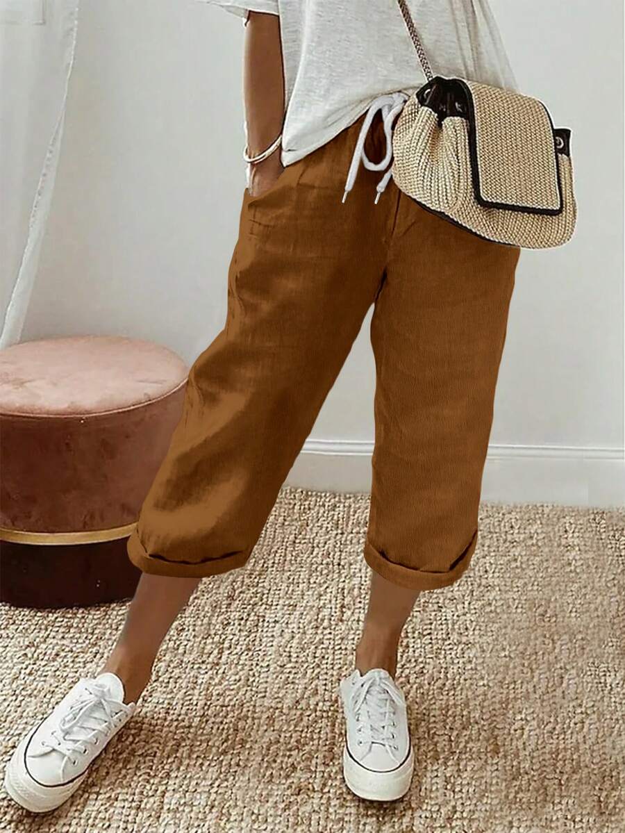 Pantaloni a gamba dritta Capri Jessefine di colore solido, con effetto plissettato, vita elastica con coulisse, in tessuto marrone, versatili per primavera/estate, vacanze, casual e casa - Castano - Visualizzare 1