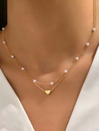 2pcs Set Of Stylish Heart-Shaped And Faux Pearl Pendant Necklaces For Daily Wear