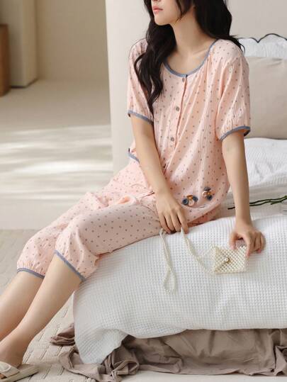 2pcs/Set Women Sleepwear Set - Heart-Shaped Polka Dots Print, Polyester & Spandex Knitted Fabric, Short Sleeve Blouse And 3/4 Pants, Simple & Comfortable, Suitable For Spring Seasons, Can Be Worn Outdoor, New Fashion Ladies Loungewear Set