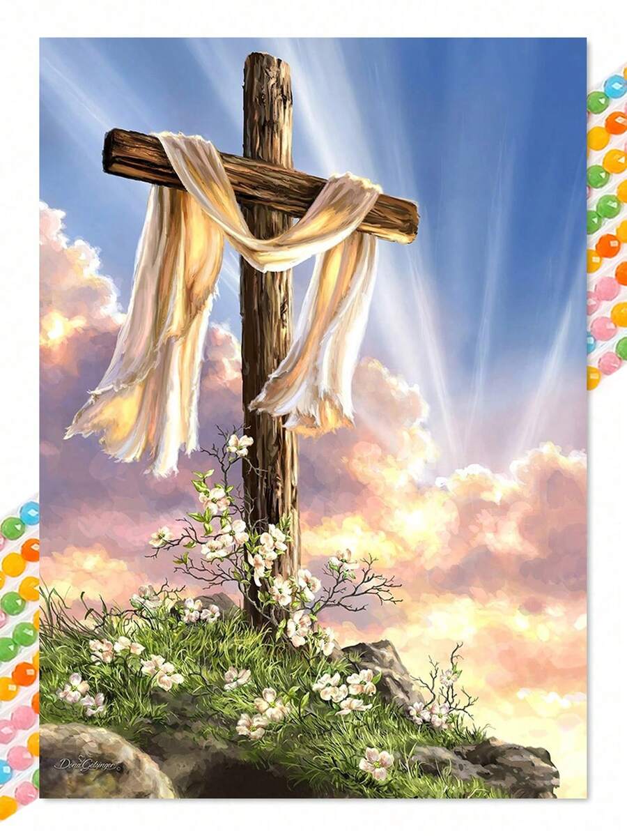 1Pcs The Cross On The Hillside Diamond Handmade Diamond Embroidered Mosaic Set For Home Decoration Gifts 30x40cm - 白色 - 查看 1