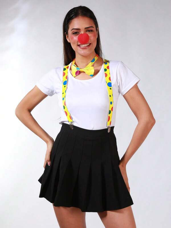 3 Stücke buntes Polka Punkt Clown Kostüm Set - Krawatte + Nase + Hosenträger, modisches Polyester Outfit geeignet für Halloween, Karneval, Fasching, Bühnenauftritte, Schulanfang, Cosplay