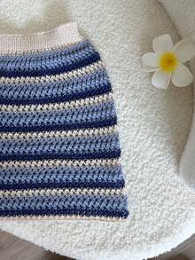 女士新款 Y2K 针织钩针时尚休闲松紧腰海边沙滩旅行多色条纹镂空毛衣短款，春夏秋 - 彩色 - 查看 5