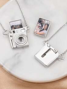 1 Pc Custom Pictures Photo Camera Necklace Personalized Pictures Photo Pet Pictures Letter Sentence Poem Number Logo Sign Can Open Mini Camera Page Memorial Pendant Stainless Steel Jewelry Pendant For Women Chain Birthday Gift Valentine's Day Gift Christmas Gift