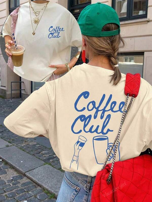 Plus Size Coffee Club Print Summer Women's Oversize Short Sleeve Top, Casual Women's Wear, Summer T-Shirt, Summer Tops, Graphic T-Shirt