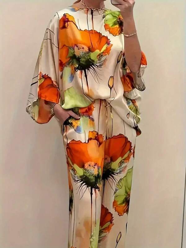 Ladies' Elegant Floral Print Satin Two-Piece Set: Round Neck Top And Wide Leg Pants