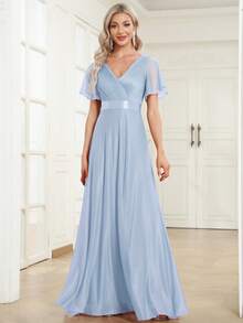 EVERPRETTY Elegant Shiny V-Neck Ruffle Sleeve Light Blue Bridesmaid Dress, Suitable For Wedding Guests, Formal Dinners And Other Semi-Formal Occasions Spring - Baby Blue - View 5
