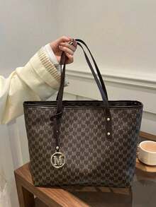 New Fashion Women's Large Capacity Full Body Print Design Letter Pattern Decoration Design Double Handle Tote Bag Suitable For Work And Commuting,School Bag,Large Capacity,Portable,Classic Casual,Business Casual,For Teen Girls Women College Students,White-Collar Workers,Perfect For Work,Back To School,Middle School,High School,College,Vacation, Fashionable Tote Bag With Zipper