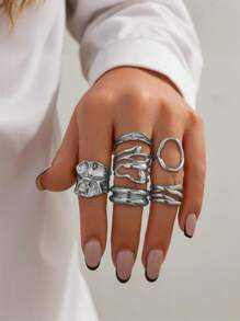 Set de 6 anillos con diseño asimétrico exagerado y abstracto de estilo vintage, anillos gruesos de color dorado con estilo punk y minimalista, ideales para el uso diario de las mujeres, regalos para vacaciones, fiestas y joyas de Charm