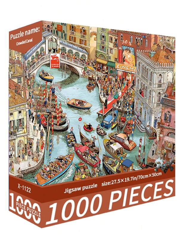 1 scatola da 1000 pezzi di puzzle, tema di canale affollato, dimensioni 70cm*50cm, stile pittura ad olio paesaggio cartoonesco, per adulti come terapia dallo stress, decorazione artistica, regalo per Ognissanti, Natale, San Valentino