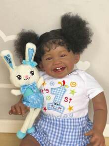 60 CM Black Skin Cloth Body Handmade Smiling Baby Simulation Doll With Exquisite Workmanship, 24 Inch Reborn Doll With Implanted Hair Cute Birthday Gift For Child (Some Parts Random, Including Pacifier, Bottle, Diaper, Hair Accessories And Clothes Set) - Blue - View 1
