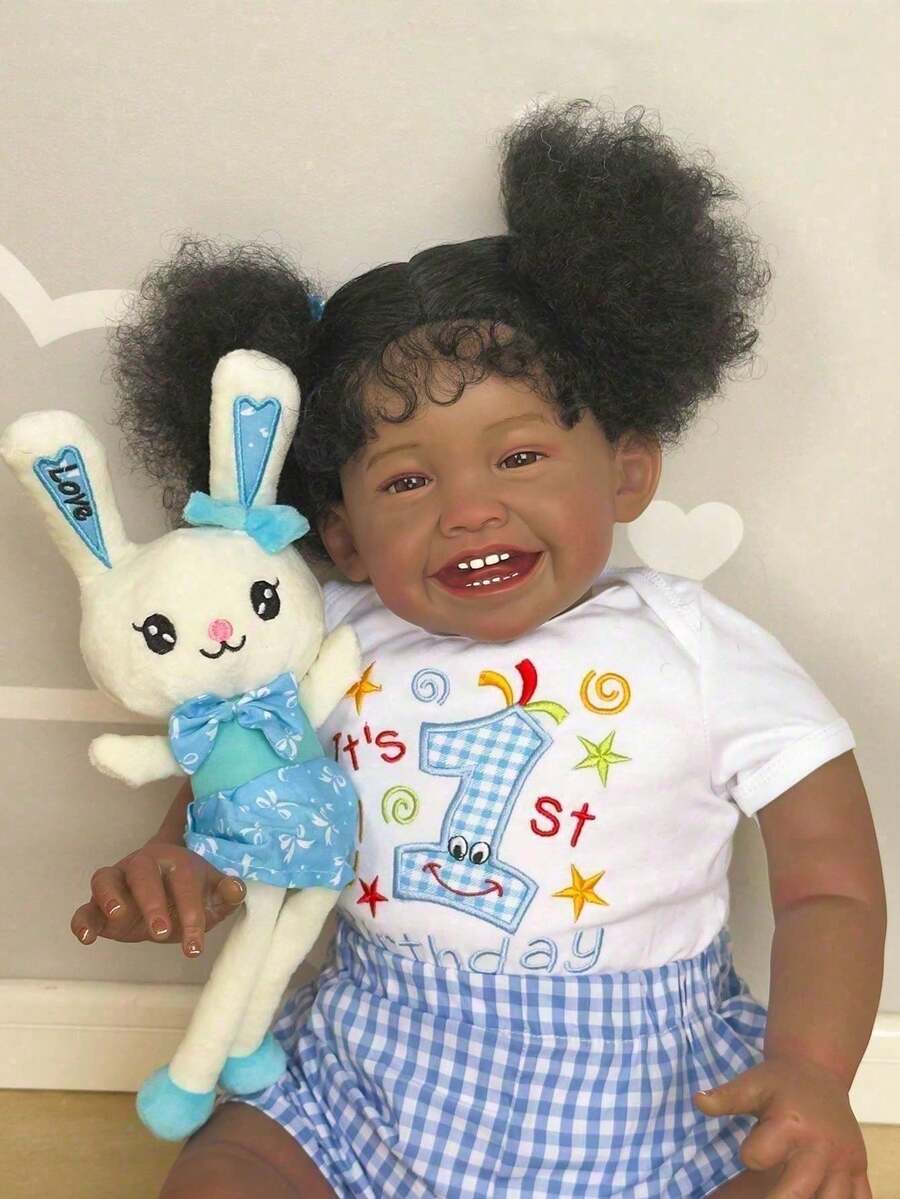 60 CM Black Skin Cloth Body Handmade Smiling Baby Simulation Doll With Exquisite Workmanship, 24 Inch Reborn Doll With Implanted Hair Cute Birthday Gift For Child (Some Parts Random, Including Pacifier, Bottle, Diaper, Hair Accessories And Clothes Set) - Blue - View 1