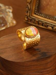 1 pieza Anillo de color degradado naranja, blanco y amarillo, chapado en acero inoxidable con acabado en oro de 18k, elegante estilo francés, adecuado para uso diario, fiestas, festivales, vacaciones en la playa, regalos o colecciones