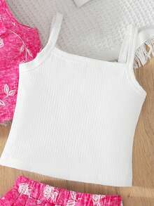 3 件女童夏季时尚服装套装：玫瑰红色翻领背心 + 白色罗纹吊带背心 + 玫瑰色百褶裙，时尚可爱的休闲套装 - 白色 - 查看 6