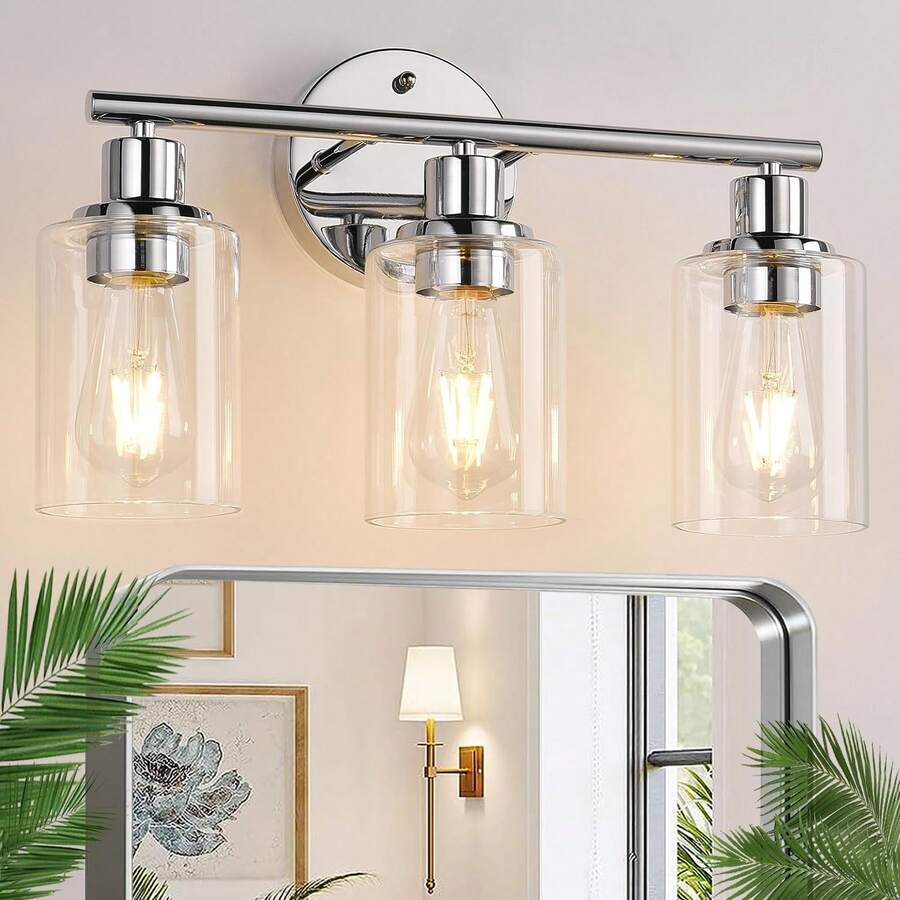 Zarbitta 3-Light Bathroom Light Fixtures, Black Modern Vanity Lights With Clear Glass Shade, Bathroom Wall Lamp For Mirror Kitchen Living Room Hallway Cabinet Porch Makeup Organizer Back To School - Chrome - View 1