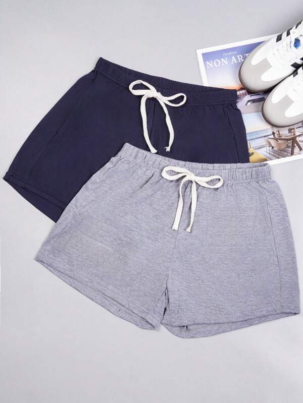 2pcs Solid Color Faux Drawstring Casual Shorts For Women, Comfortable Loungewear For Home/Sleep, Spring/Summer,Vacation