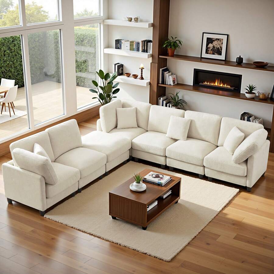 Dagniwak 7-Piece Chenille Fabric Living Room Sofa, L/U-Shape Large Size Long Sofa, Can Be Combined Freely, Beige - trắng - Xem 1