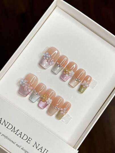 Uñas postizas de diseño francés con forma de ataúd corto, hechas a mano con flores 3D y ojos de gato de color, accesorios de manicura para mujeres