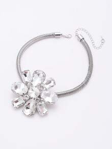 1set Vintage Exaggerated Silver Crystal Flower Choker Necklace And Earrings Set, Suitable For Women's Daily And Party Wear Winter Gifts - Silver - View 4