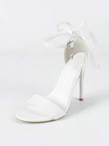 Women's White Glitter Bow Decor Strap Open Toe Super High Thin Heel Sandals, Elegant & Exquisite Leather Heels For Wedding, Party, Spring/Summer