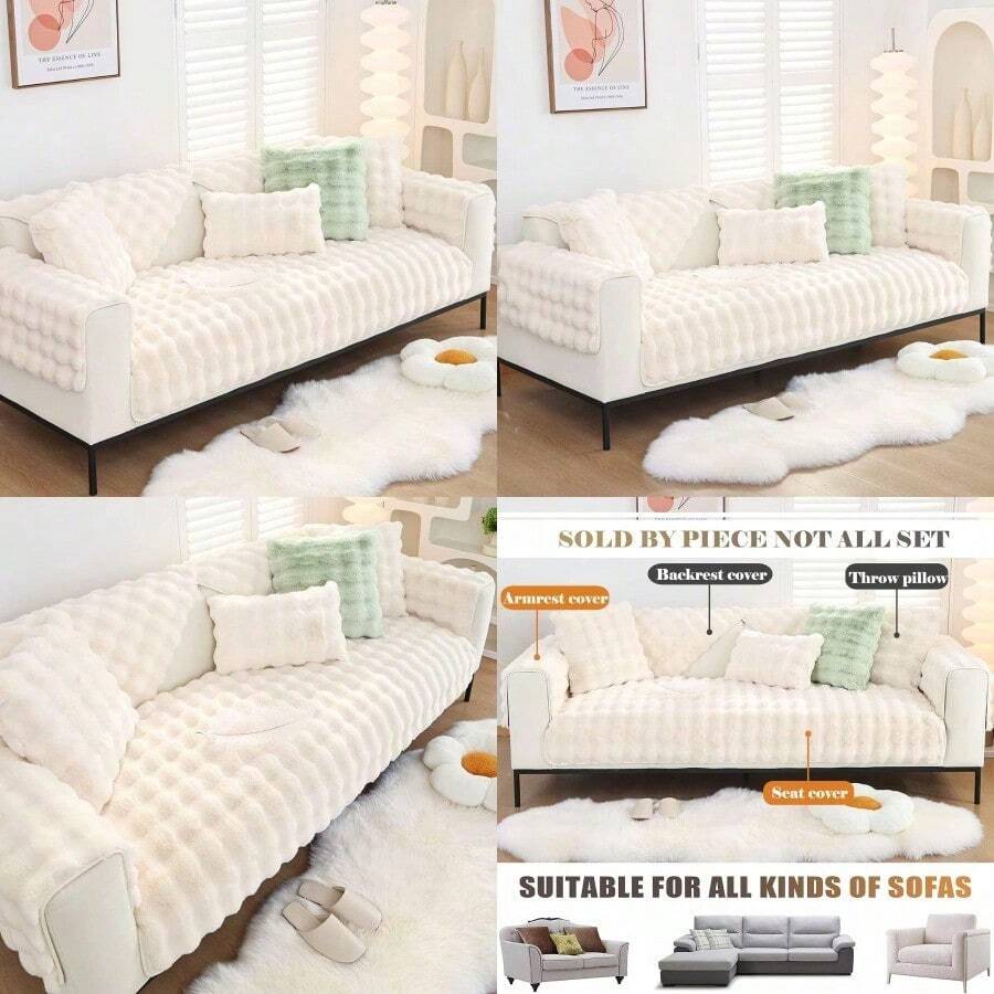 Soft Warm Faux Fur Couch Sofa Cover Thick Shaggy Fuzzy Sectional Couch Cover NonSlip Solid Color Plush Sofa Slipcover Furniture Protector For Pets Cream 28x28 - Cream - View 1