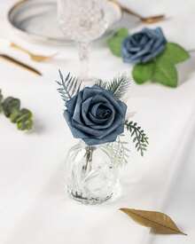 25Pcs Artificial Roses Flowers Fake Roses With Stems Real Touch Foam Flowers For DIY Wedding Bouquet Baby Shower Centerpiece Floral Arrangement Party Home Decor(Dark Red) - Dusty Blue - View 3